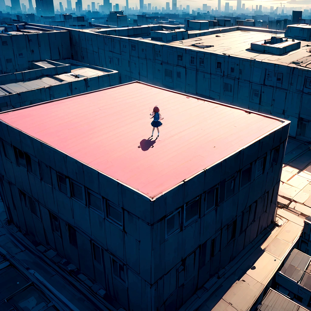 、Pink haired school girl、Rooftop of the Concept Building、expensive、Top view、The ground is visible