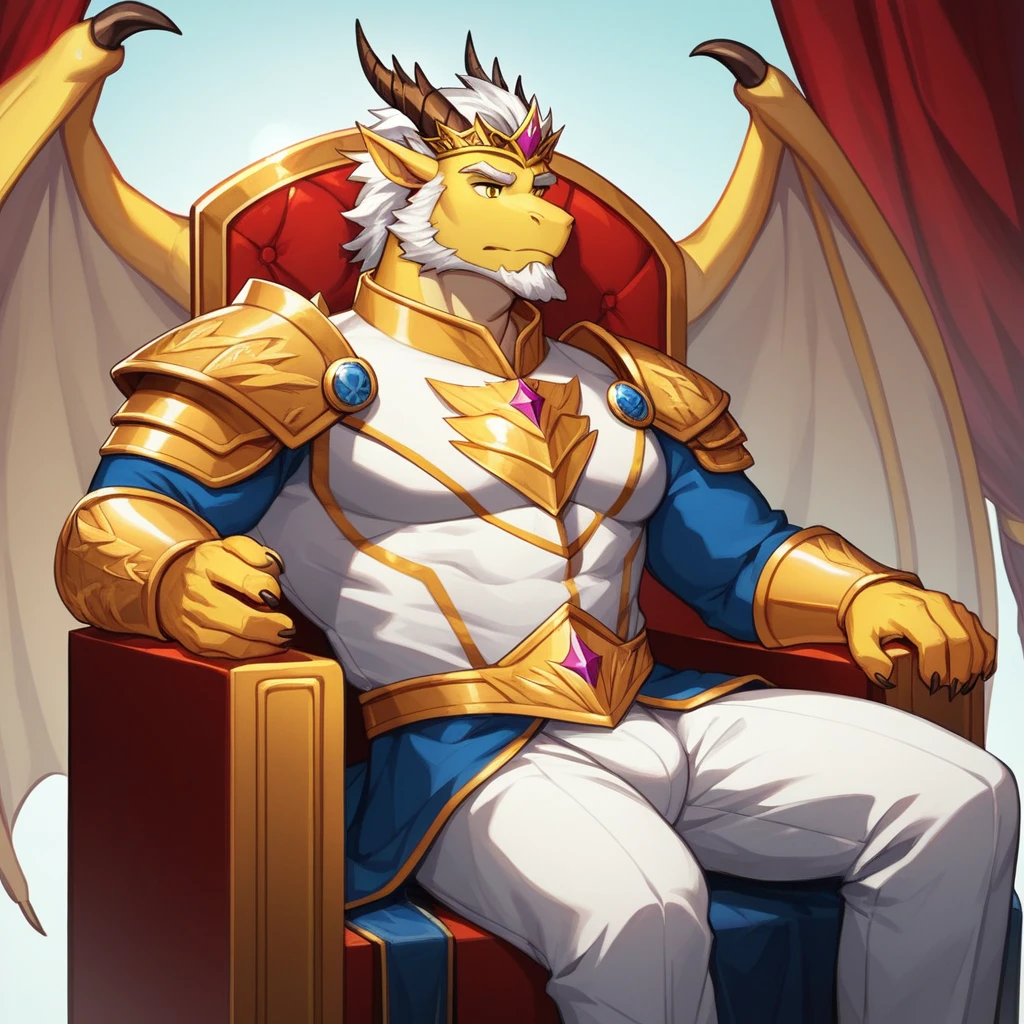 Score_9, score_8_up, score_7_up, source_cartoon, Anthro male, A golden dragon, gold dragon with silver highlights on scales, platinum dragon wings, yellow eyes, short white hair, white beard, wearing kings armor, crown on head, sitting on an elegant throne, far away shot