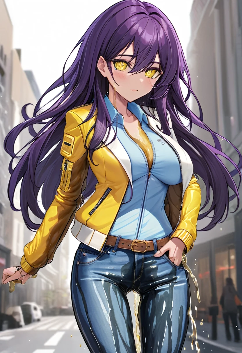 (masterpiece:1.37), best quality, (extremely detailed:1.37), woman, (very long hair:1.5), dark purple hair, purple eyes, (extremely detailed eyes:1.37), (wetting self:2.0), large breasts, stylish jacket, multicolored jackt, white jacket, light blue jacket, yellow jacket, jeans, (open fly:1.5), cleavage, navel, city, high-tech, street