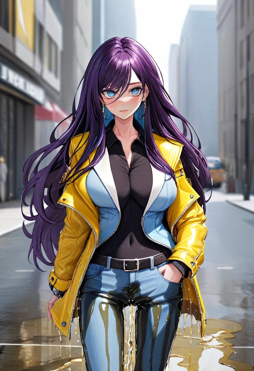 (masterpiece:1.37), best quality, (extremely detailed:1.37), woman, (very long hair:1.5), dark purple hair, purple eyes, (extremely detailed eyes:1.37), (wetting self:2.0), large breasts, stylish jacket, multicolored jackt, white jacket, light blue jacket, yellow jacket, jeans, (open fly:1.5), cleavage, navel, city, high-tech, street