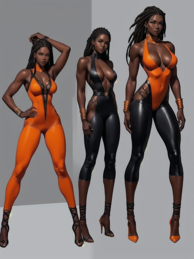 ((best quality)), ((4k)), ((highres)), ((masterpiece:1.2)). ((detailed)), ((ultra realistic)), ((intricate details)), ((full body picture)), ((character design sheet)), a full body picture of a beautifull Ebony skinned female, black woman, dark skin, ebony princess, ebony model, perfect face, detailed eyes, detailed lips, posing with her arms above her head, ((arms above her head)), about 25 years old, about 5'7 ft. tall, long thin dreadlocks down to her hips, ((emphasis on her long thin dreadlocks down to her hips)), pretty, feminine woman, toned body but not too muscular looking, hourglass figure, dressed in a skin-tight sleeveless full body orange jumpsuit, ((emphasis on the skin-tight sleeveless full body orange jumpsuit)), showing cleavage, glamorous, strappy lace up high, fighting game character concept art, tekken character design, the king of fighters character concept, full bofy, full body concept art, full body art