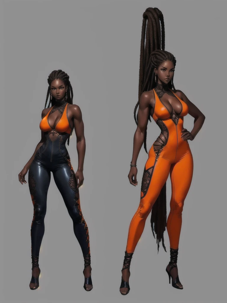 ((best quality)), ((4k)), ((highres)), ((masterpiece:1.2)). ((detailed)), ((ultra realistic)), ((intricate details)), ((full body picture)), ((character design sheet)), a full body picture of a beautifull Ebony skinned female, black woman, dark skin, ebony princess, ebony model, perfect face, detailed eyes, detailed lips, posing with her arms above her head, ((arms above her head)), about 25 years old, about 5'7 ft. tall, long thin dreadlocks down to her hips, ((emphasis on her long thin dreadlocks down to her hips)), pretty, feminine woman, toned body but not too muscular looking, hourglass figure, dressed in a skin-tight sleeveless full body orange jumpsuit, ((emphasis on the skin-tight sleeveless full body orange jumpsuit)), showing cleavage, glamorous, strappy lace up high, fighting game character concept art, tekken character design, the king of fighters character concept, full bofy, full body concept art, full body art