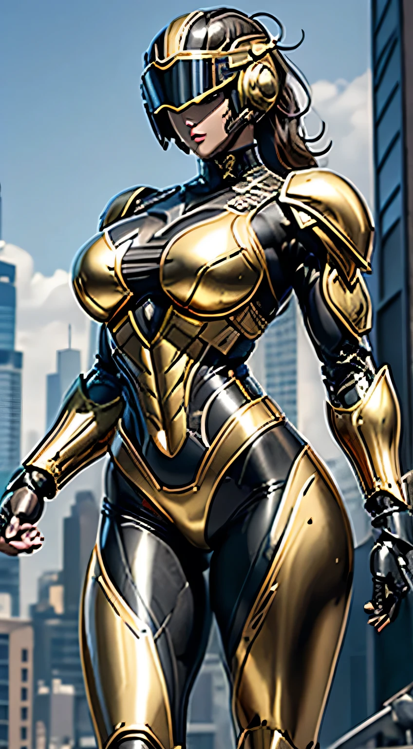 Female Robocop Solo、Bright outdoors、strong light source、8K, high quality, masterpiece, 最high quality, Crisp contrast、Very detailed、Full body armor、Very large armor、Helmet covering the head、Clear photos、His eyes are hidden by thin straight goggles:1.3、The lower half of the face is raw々Shii:1.5、The lower half of the face is exposed、Seductive lips、Black metallic armor、Gold accents、Armor that completely covers the chest、Long, slender legs、Vibrant Posselo Body View,Big and ample breasts:1.5, (Sports Body:1.5)、Five Fingers、Hold a handgun、In the city