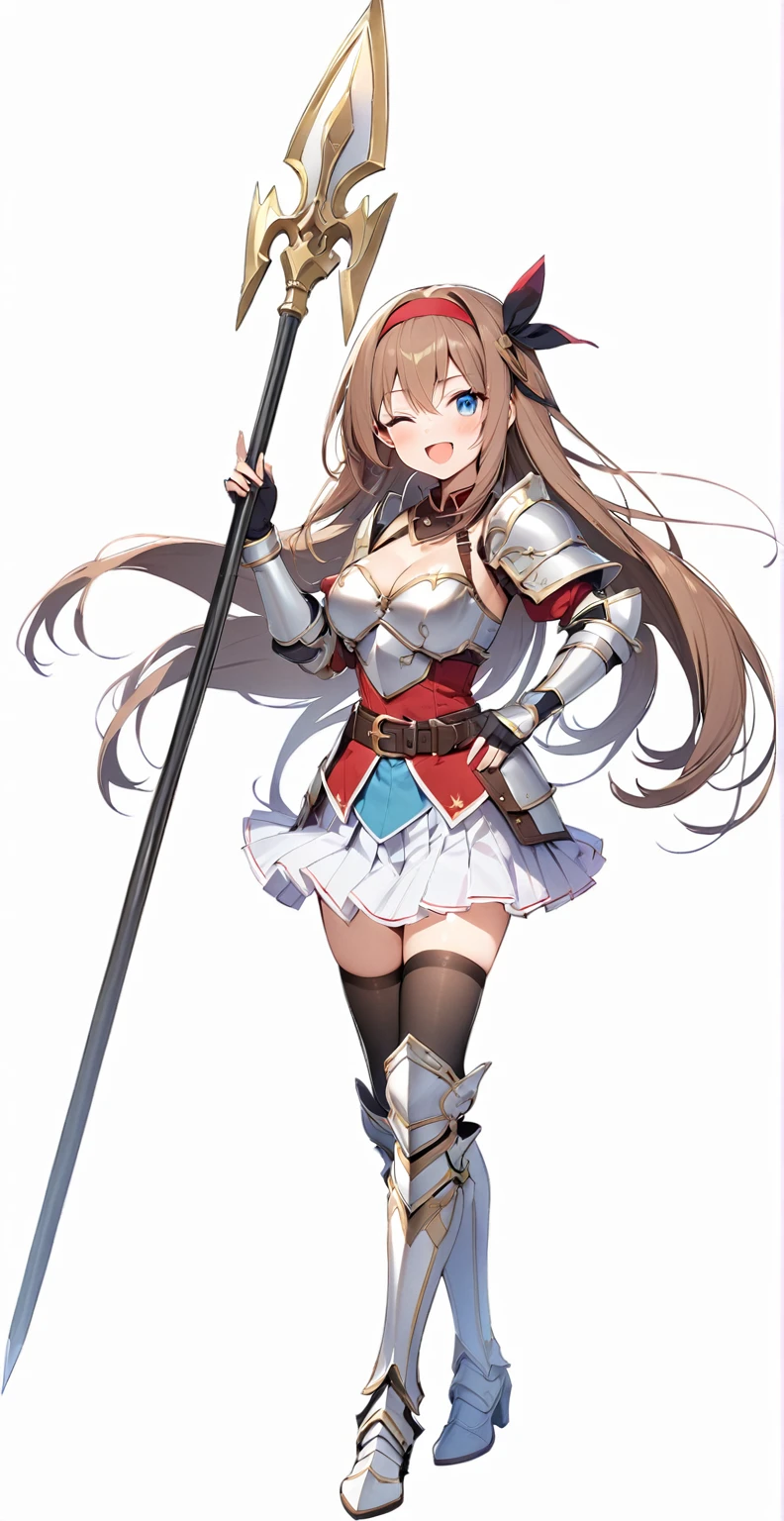 masterpiece, best quality, 1girl, solo, weapon, one-eye-closed, armor, thighhighs, polearm, skirt, brown-hair, blue-eyes, breasts, open-mouth, cleavage, smile, black-thighhighs, full-body, hairband, boots, medium-breasts, spear, armored-boots, gloves, fingerless-gloves, ;d, pleated-skirt, greaves, shoulder-armor, belt, holding, looking-at-viewer, holding-weapon, pauldrons, simple-background, zettai-ryouiki, very-long-hair, gauntlets, breastplate, red-hairband, black-gloves, outline, standing, blush, armored-dress
