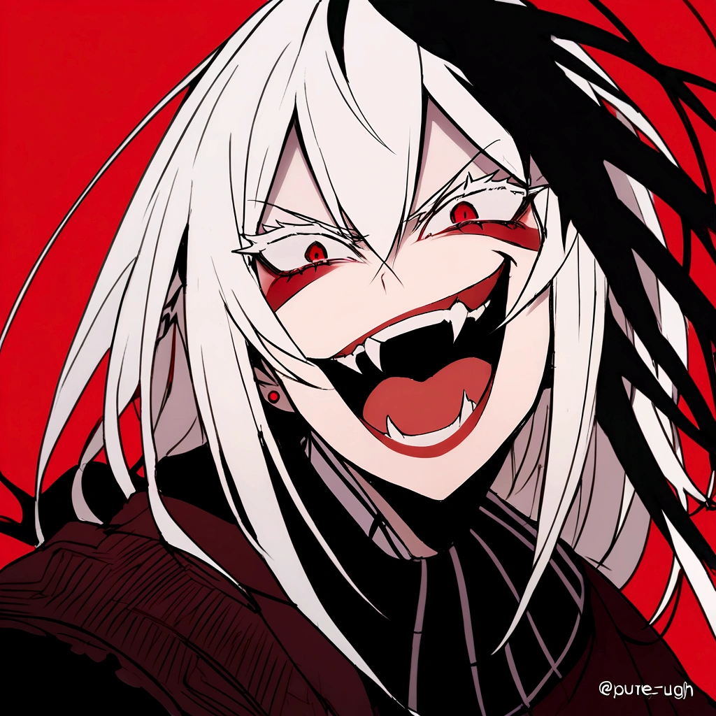 Evil woman, psycho laugh, loca, White hair, thick white eyelashes, fangs, demonic, echidna re:zero, crazy laugh, pure evil, black clothes, red tones, happy expression