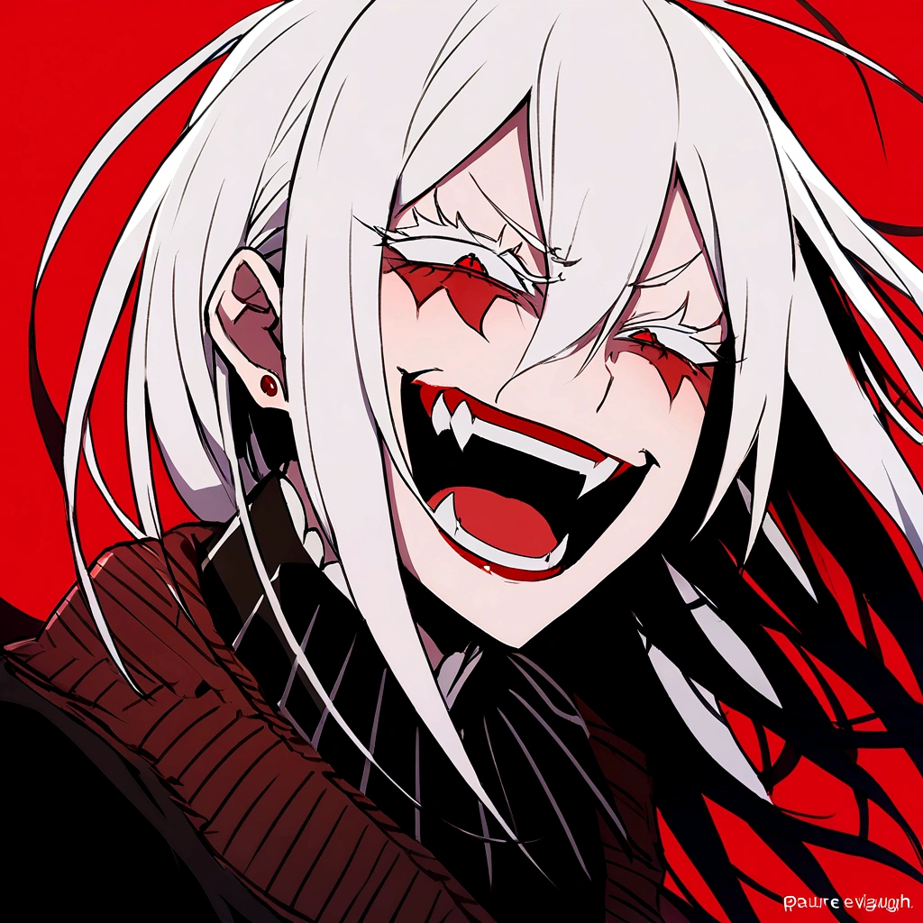 Evil woman, psycho laugh, loca, White hair, thick white eyelashes, fangs, demonic, echidna re:zero, crazy laugh, pure evil, black clothes, red tones, happy expression