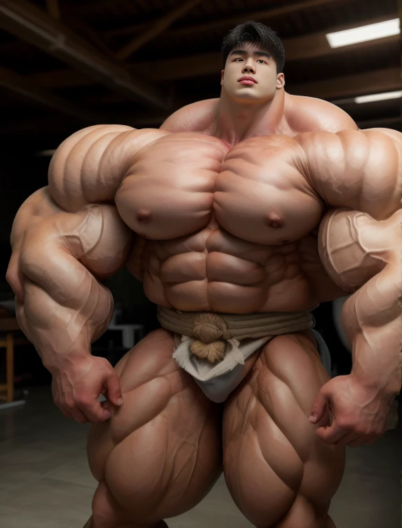 1 asian boy, giant, alone, giant bodybuilder, illuminating light, strong body, bulk, large size, staring, standing in white photo studio, indoor, nude, white simple loincloth, big bulge, penis bulge, extraordinary big, brutalmass, giant muscular body, bulk, buff, massive body, large meaty body size, extremely wide body
