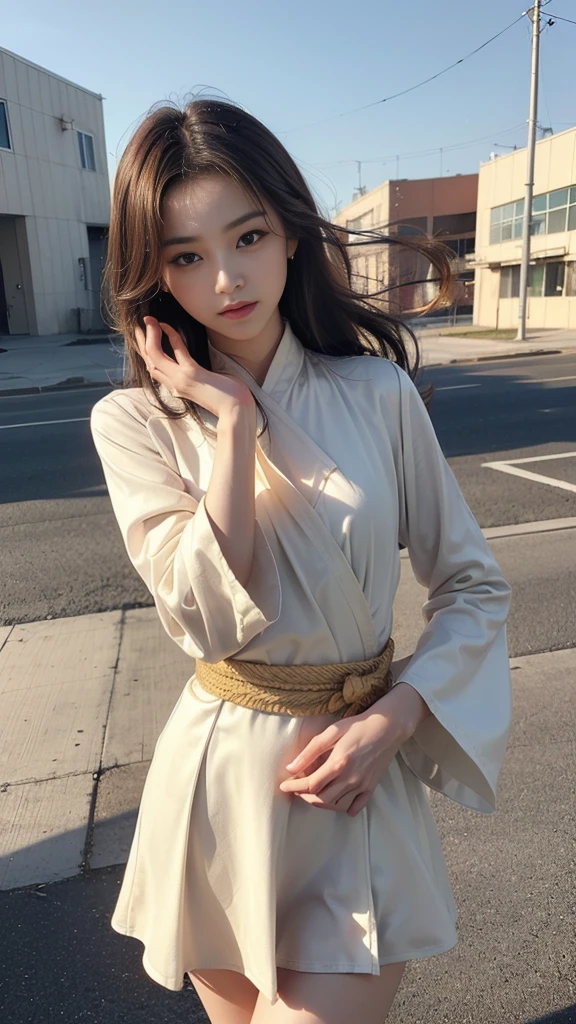 (Feel the wind pose:1.2, Hair blowing in the wind:1.4), (beautiful girl, Baby Face:1.6, Cute face, Idol Face:1.2), (Small and slender figure), (Slender body line), (((Mysterious and divine々Ishi costume:1.3))), (Girl's smooth body:1.2), Delicate beautiful skin, Small beautiful butt, Narrow waist, Thin thighs, (Highest quality, 8k, masterpiece:1.2), ((Frontal portrait:1.3)), ((Medium breast, Beautiful nipples)), ((Girl standing on the prairie)), (Detailed eyes and face:1.3), (Detailed hands:1.2), ((A fantastic atmosphere)), (Perfect Anatomy), Ultra-detailed, (Idol Smile:1.3, blush:1.2), (View the viewer:1.3), Short Hair
