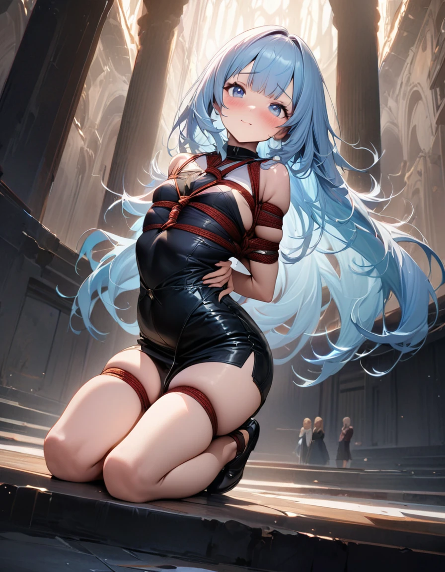 masterpiece, best quality, extremely detailed, (illustration, official art:1.1), 1 girl ,(((( light blue long hair)))), ,(((( light blue long hair)))),light blue hair, , long hair ((blush)) , cute face, big eyes, masterpiece, best quality,(((((a very delicate and beautiful girl))))),Amazing,beautiful detailed eyes,blunt bangs((((little delicate girl)))),tareme(true beautiful:1.2), sense of depth,dynamic angle,,,, affectionate smile, (true beautiful:1.2),,(tiny 1girl model:1.2),)(flat chest),(shibari, arms behind the back:1.4), (hands on the back), (The highest image quality, striking details, ultra-high resolution, (realism: 1.4), (masterpiece, best quality)), (masterpiece, best quality) 1.5, 1girl, solo, (sexy, beautiful woman, perfect face, perfect eyes), black leather skirt, top only covering breasts, belly showing, (leather skirt), (full body), (shibari, arms behind the back:1.4), (hands on the back),black lace camisole、、