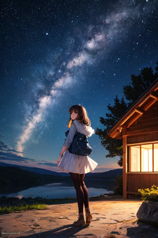 Create a landscape of a starry night with a beautiful girl 