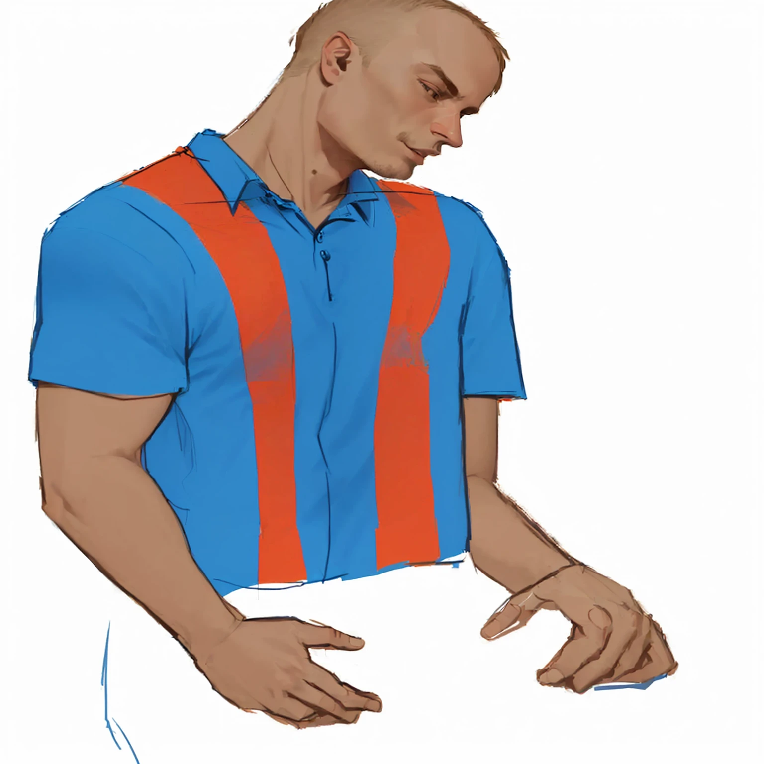 a drawing of a man in a blue and orange shirt, colored in blueberra and orange, wearing stripe shirt, wearing a shirt, wearing polo shirt, inspirado em Steve Argyle, he wears a blue shirt, colorful illustration, art admirer, inspirado em Oswaldo Viteri, inspired by Arnold Bronckhorst, digital drawing, wearing shirts, coloured line art