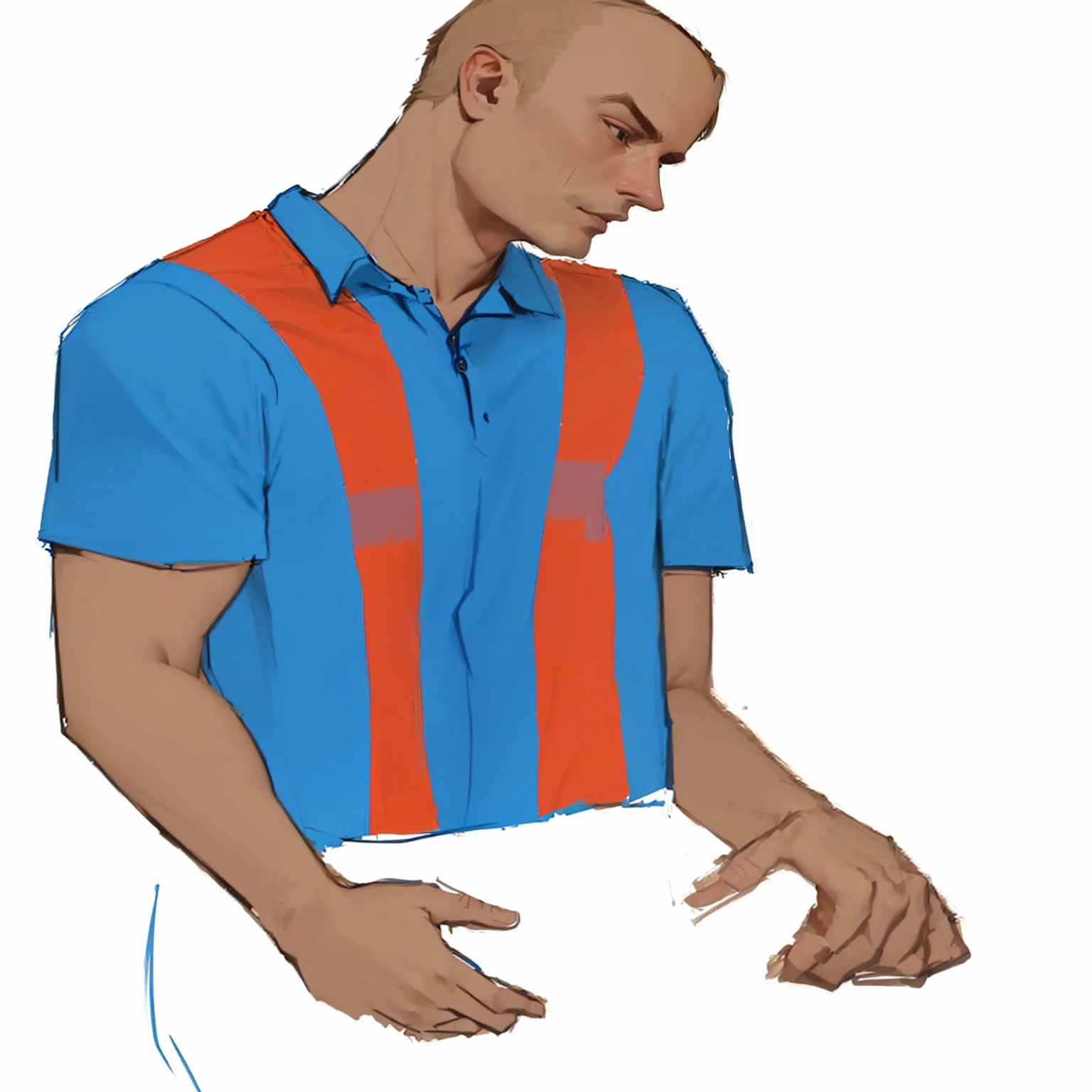 a drawing of a man in a blue and orange shirt, colored in blueberra and orange, wearing stripe shirt, wearing a shirt, wearing polo shirt, inspirado em Steve Argyle, he wears a blue shirt, colorful illustration, art admirer, inspirado em Oswaldo Viteri, inspired by Arnold Bronckhorst, digital drawing, wearing shirts, coloured line art