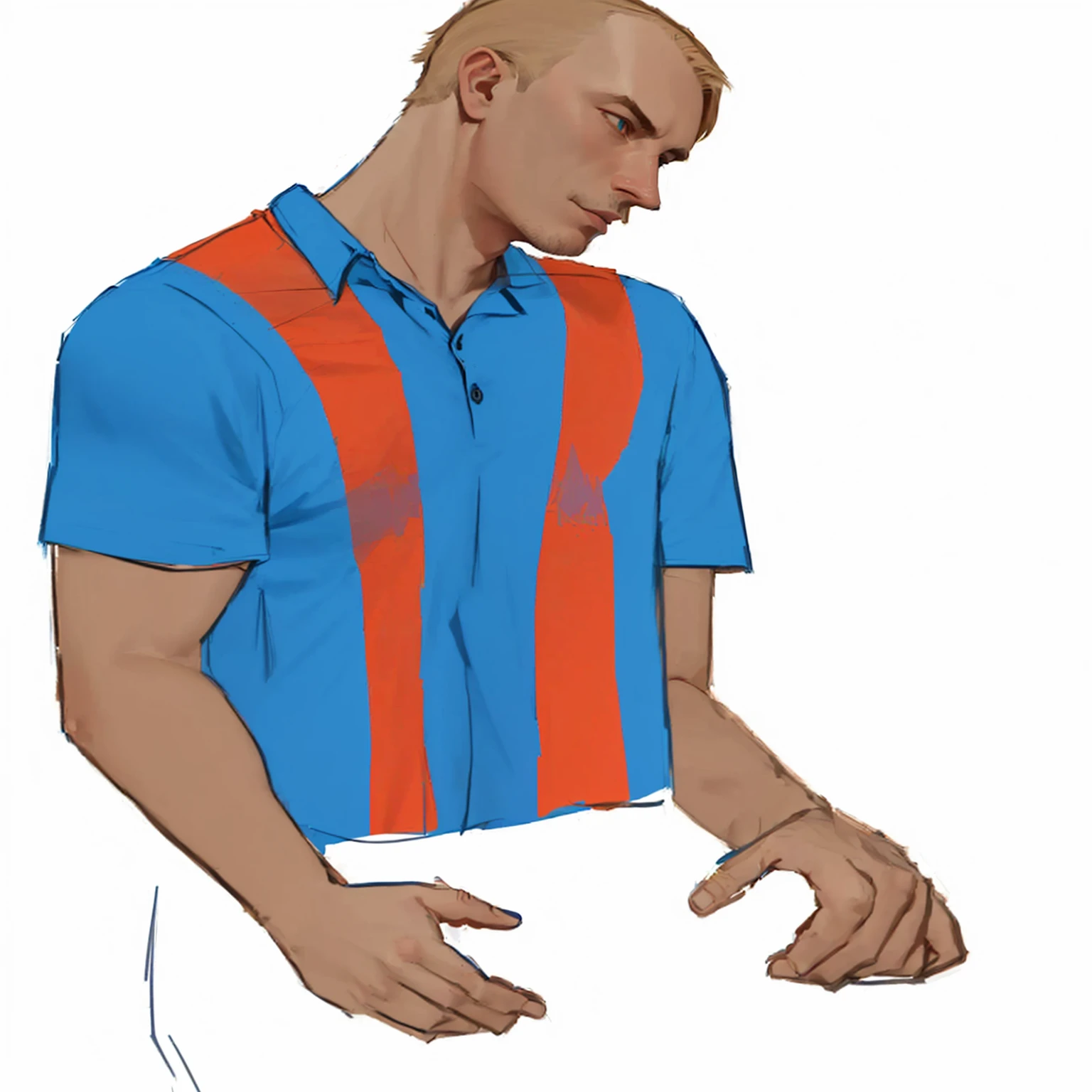 a drawing of a man in a blue and orange shirt, colored in blueberra and orange, wearing stripe shirt, wearing a shirt, wearing polo shirt, inspirado em Steve Argyle, he wears a blue shirt, colorful illustration, art admirer, inspirado em Oswaldo Viteri, inspired by Arnold Bronckhorst, digital drawing, wearing shirts, coloured line art
