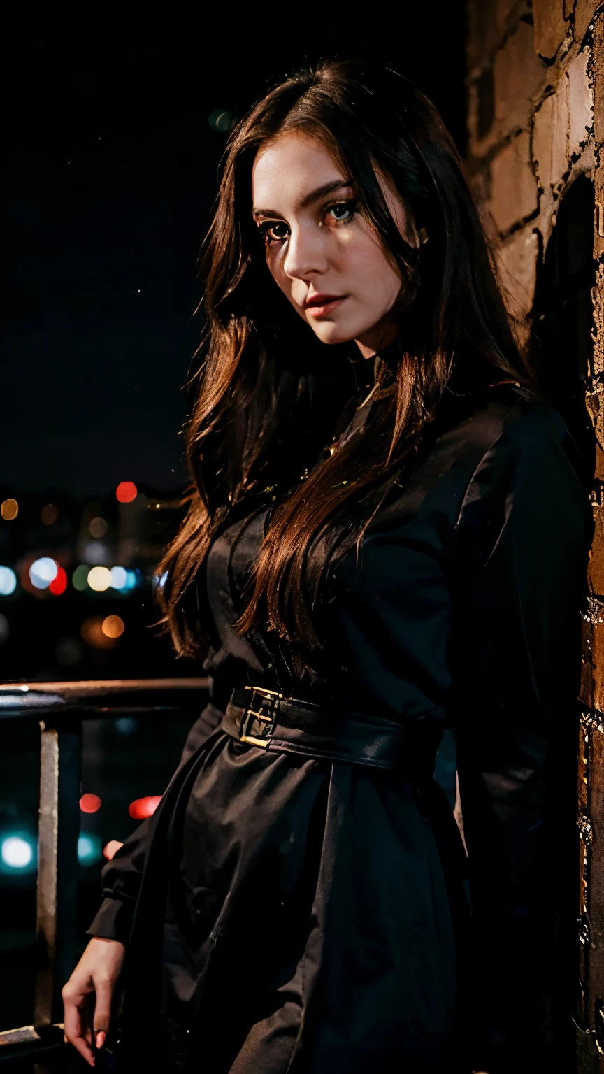 a 35 year-old rich woman with black dress that has red details, has brown long hair, pale skin, thin lips, green eyes, it is a dark night with city lights, ultra realistic, best quality, waist shot, looking to the camera