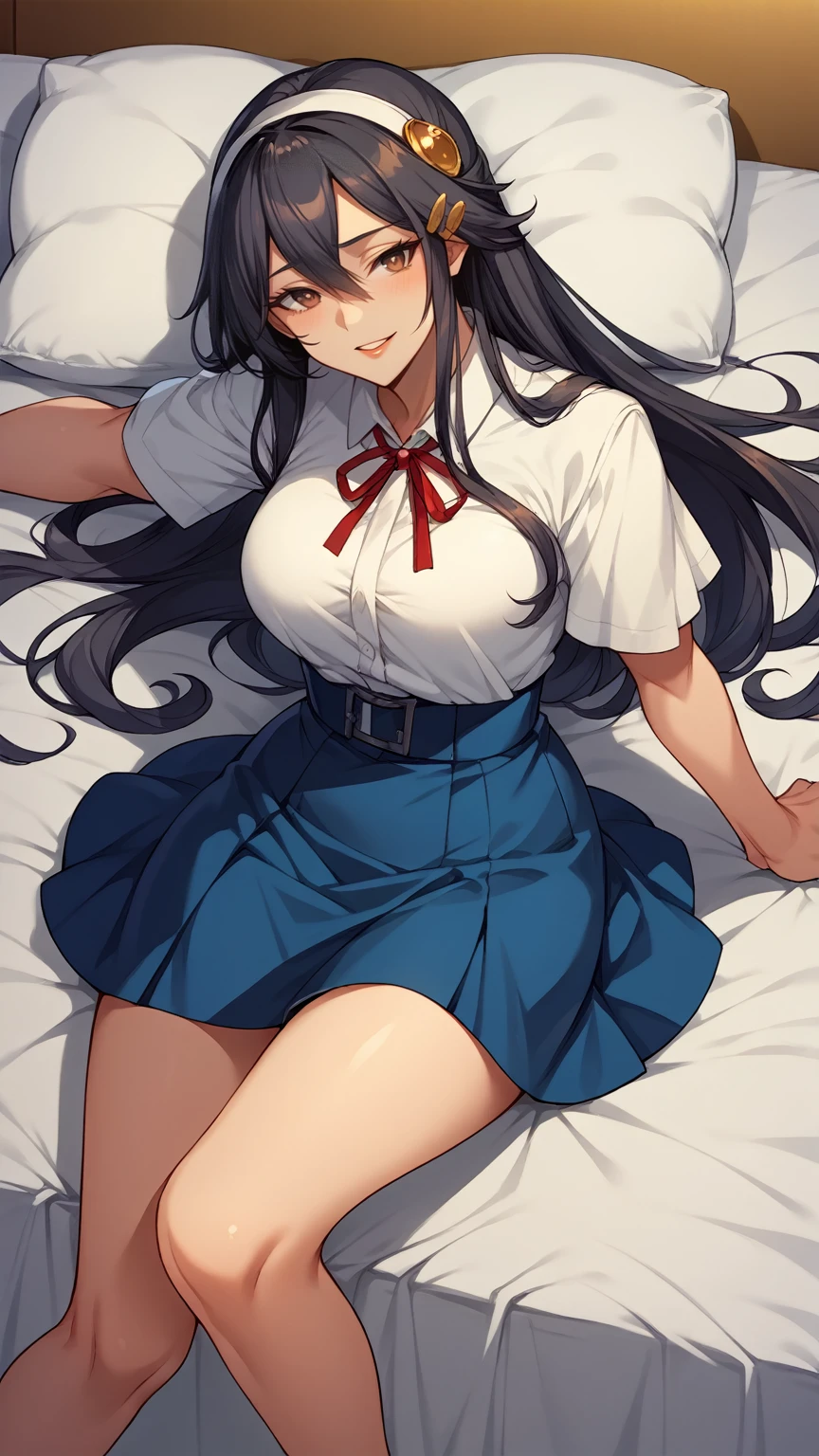 score_9, score_8_up, score_7_up, source_anime, game cg, harunakainiKC, long hair, skirt, hair ornament,White shirt Blue skirt ,smile,parted lips, HOTEL ON the bed
