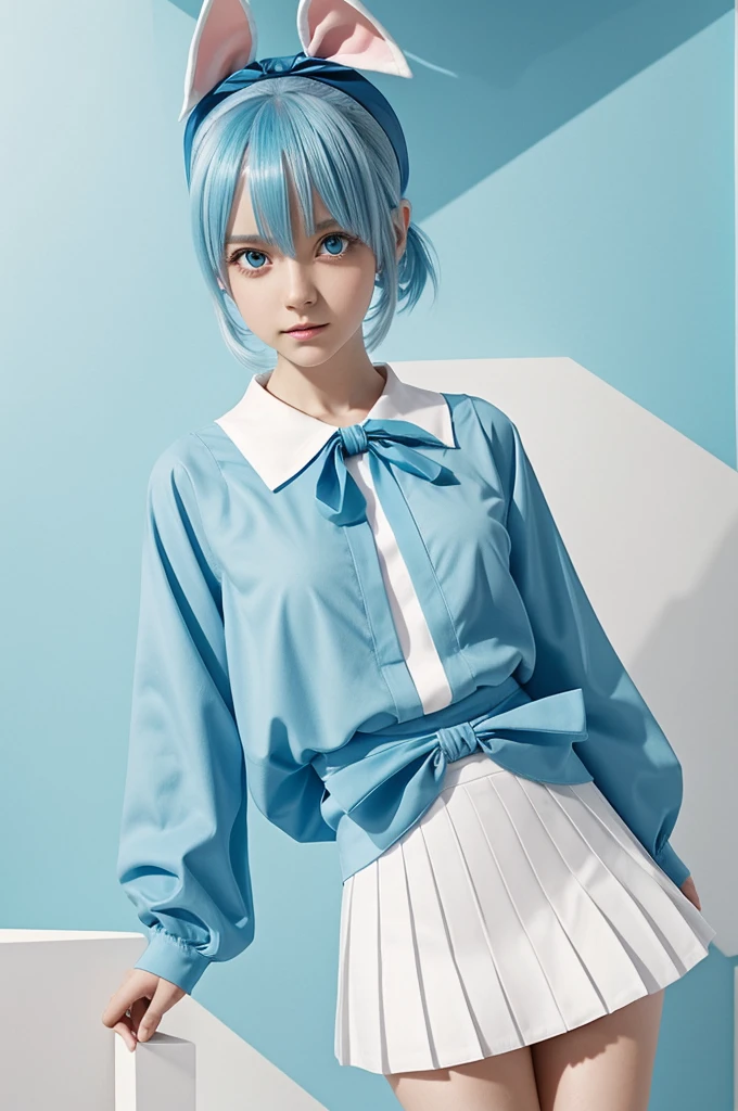 The image shows an anime style character with light blue hair and big eyes of the same color. The character wears a short long-sleeved blouse in blue tones with geometric details and a white pleated skirt. Besides, She has a white bow on her neck and a kind of rabbit ear that matches her hair on her head.. The background is simple, with light tones and some abstract geometric shapes floating around the character