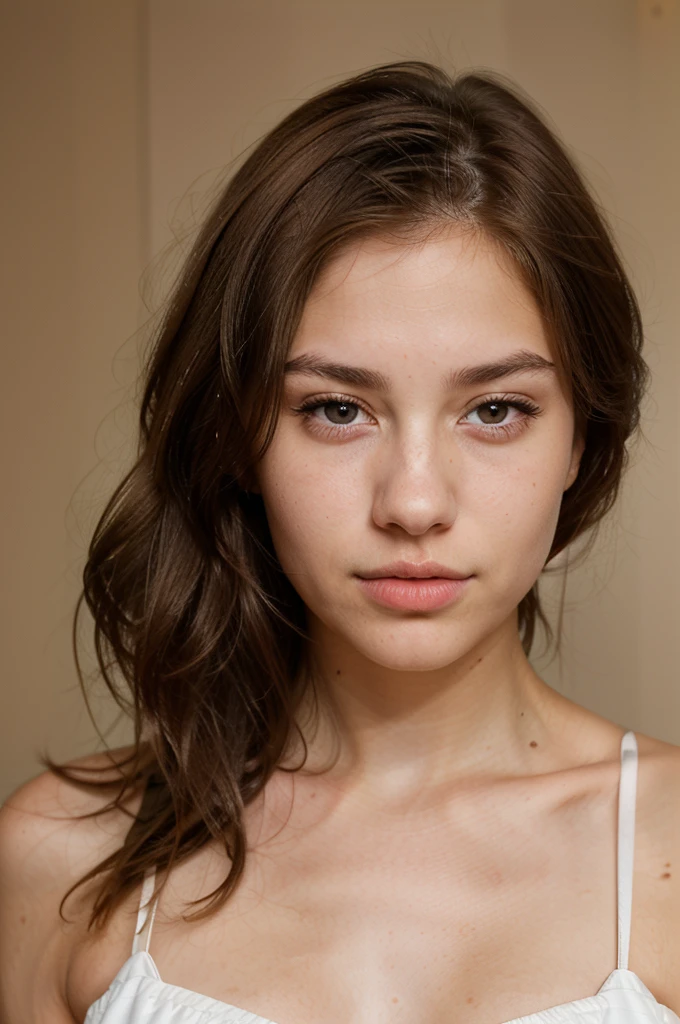 generate me a hyper-realistic image of an 18 year old girl of European and American descent with perfect, well lined eyes and brown eyes, with brown hair, beautiful delicate lips and a thin, upturned nose, straight hair .