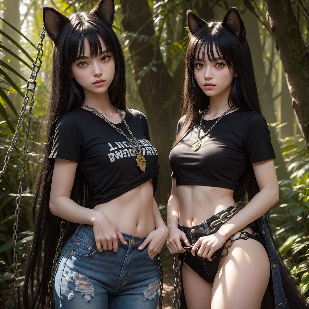 forest, catgirl, black cropped t-shirt adorned with medals and chains, black jeans adorned with chains and patches, beams of sunlight shining through the canopy, yellow eyes, calico fur, beautifully lit, insanely detailed, stunning environment