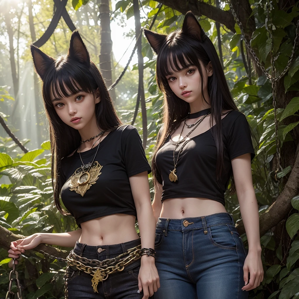 forest, catgirl, black cropped t-shirt adorned with medals and chains, black jeans adorned with chains and patches, beams of sunlight shining through the canopy, yellow eyes, calico fur, beautifully lit, insanely detailed, stunning environment