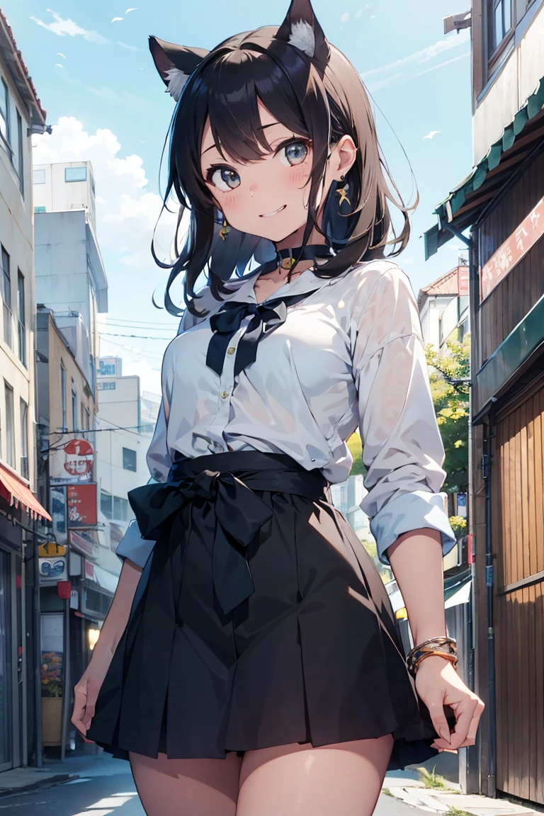 (((masterpiece))), (((Highest quality))), ((Very detailed)), ((Very detailedなイラスト)), ((Ultra-fine painting)), (16K Highest quality wallpaper:1.4), (Detailed and elaborate illustration style,:1.8) Detailed skin texture, High quality fabric, , (T-masterpiece), (Very detailedな顔:1.4), original, RAW Photos, Professional, Intricate details, Very detailed, Direct sunlight:1.6, ,(Cowboy Shot:1.9)、(Perfect Anatomy:1.4), (Extremely elaborate hands:1.2), (Very elaborate fingers:1.2), (Very elaborate fingers先:1.2),, (alone:1.6), (beautiful and adorable cat ears:1.6), (Intricate and delicate white cat ears:1.4), (beautiful, Shiny white hair:1.6), (Very fine and delicate white hair:1.4),, (Very detailedな顔:1.4),(Light purple eyes:1.4),(smile:1.4),,  whole body,
One Girl, bangs, black choker, black tie, blonde, b, blush, bracelet, chest, choker, clothes Surrounding area waist, clavicle, collared shirt, Cowboy Shot,, ear Earrings, Eyebrows visible through hair, Gradient Hair, Grin, Improve, jewelry, Kogal, Long Hair, View your audience,, Earrings,  ring, , shirt, skirt, smile, alone, white shirt,
street, null, Gerbera petals,shape, (Hakama:1.3), (Bow and Arrow:1.3), fashionable, woman, Vibrant, Costumes, stop temporarily, front, colorful, dynamic, background,  element, Be confident, performance, Holding, statement, accessories, Majestic, Coiled, Surrounding area, touch, scene, article, cover, bold, to attract attention, title, stylish, font, Catchy, Heading, big, impressive, Modern, tendency, concentrate, fashion,