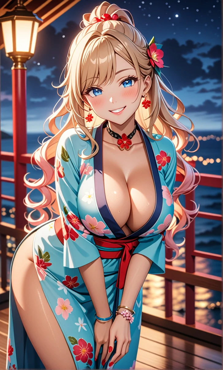ultra-detailed, ((one girl)), (tan skin improved:1.3),(tanlines:1.3), sweat skin, hyper detailed, absurdres, 8K, Beautiful Face, (Laugh shyly), ((teasing smile:1.8)),((Wink:1.8)), (Laugh with your mouth wide open),((Tilt your head:1.6)), View your viewers, ((Bright red cheeks:1.6)),Glossy Red Lips, ((Big Breasts:1.5)), ((show off breast:1.4)), (erect nipples), ((Fold your arms under your chest:1.3)), night, An observation deck overlooking the sea, (Brighten your face), ((Anime style background)),masterpiece, Highest quality, so beautiful,Latest, Complex details, (Pink long nails), (nail art), (ring),(bracelet), (Floral Choker),AI-generated, Complex,High resolution, Highest quality, super high quality,3D Images、3D Images,One person,Branded long hair,(High Ponytail), (wavy hair:1.3), Anime woman posing for a photo, ((Fine grain、blue eyes、glowing eyes:1.4)), (Squint your eyes:1.1),a hyperRealistic , hyperRealistic , Realistic,Anime woman with long blonde hair, Smooth anime CG art, A girl in a gorgeous pastel-colored kimono, ((undressing)), ((Pastel-colored furisode)),(Pink large floral pattern) ,Long flower hair ornament,Floral Earrings,Mature Body, tall,Narrow waist, ((leaning forward:1.3)), (front view),