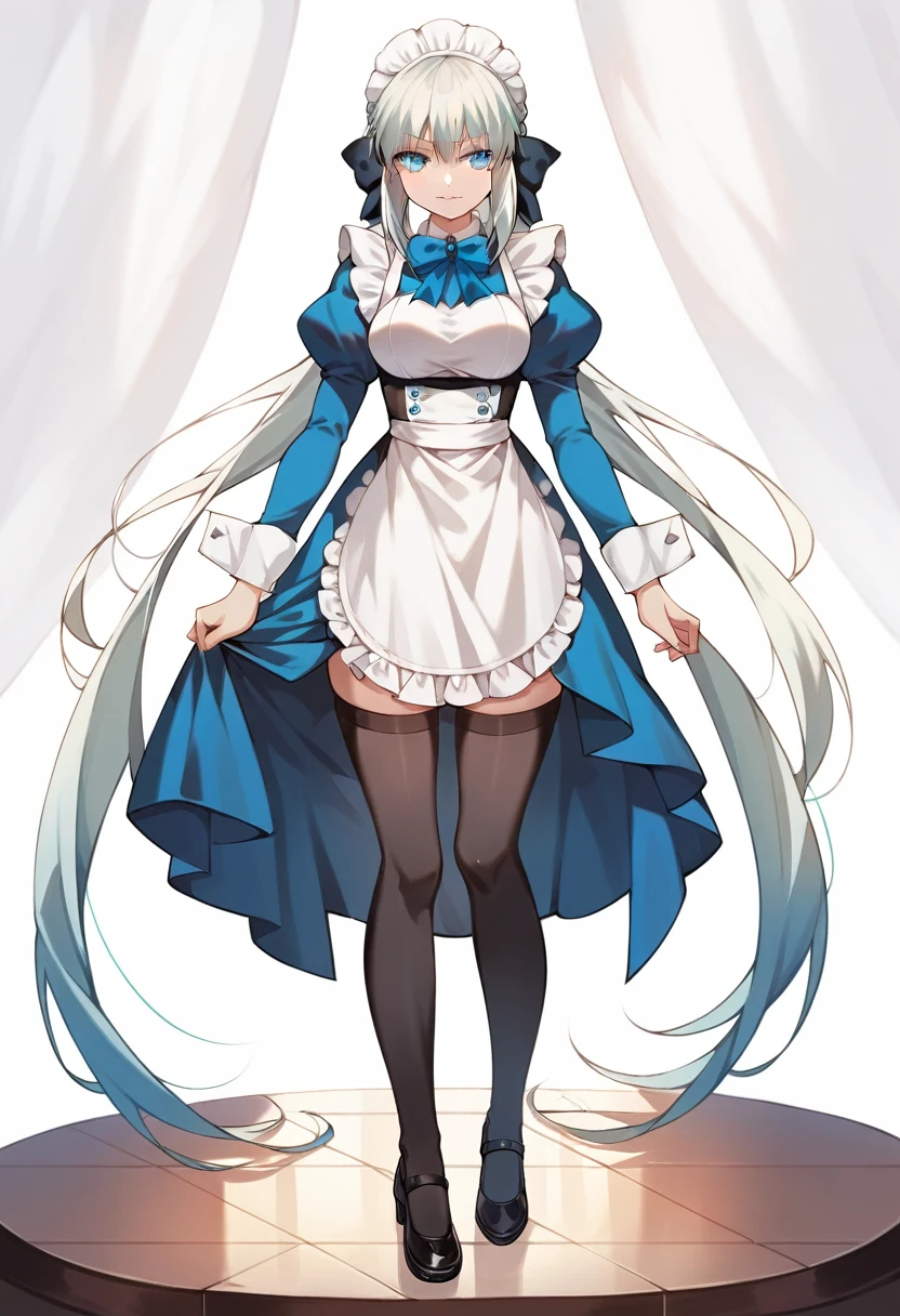 best quality, masterpiece, anime girl , young girl, 24 years old, thick legs , 1girl, tall girl, bangs,long hair, cute face, perfect shot, perfect anatomy, maid oufit, black stockings , white background, full body, solo girl, 4k, high resolution , detailed face, detailed eyes, morgan le fay, fate grand order, standing, illustration, digital art
