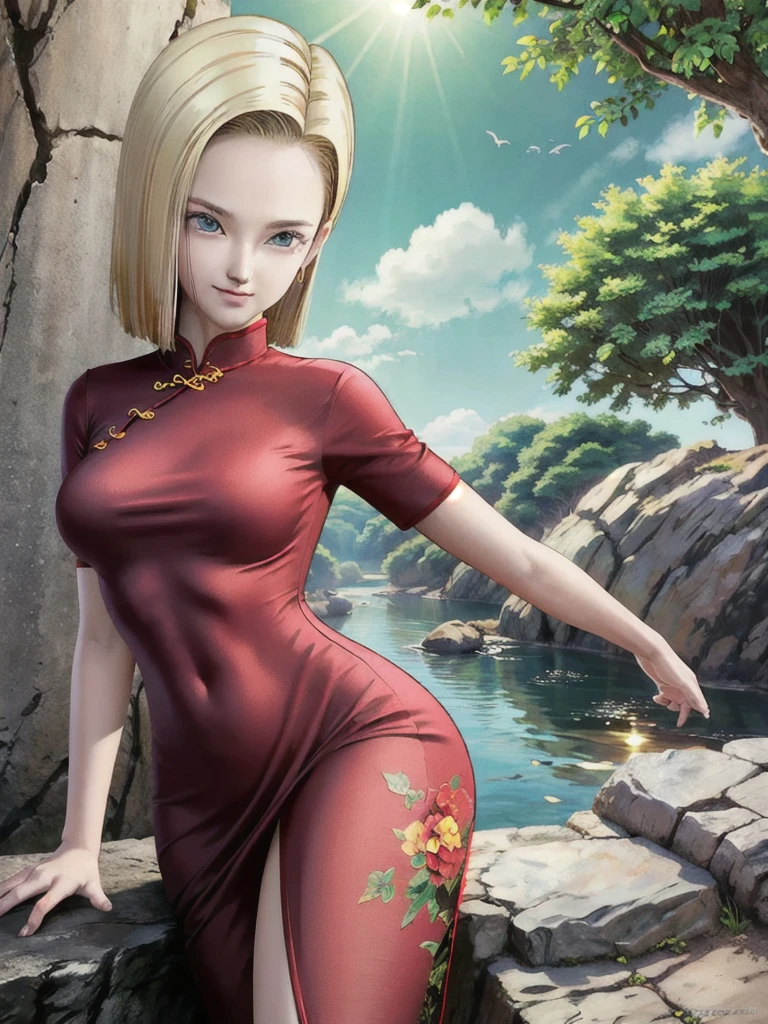 android 18,blonde hair, (((Long Straight Hair))), blue eyes, ((Long Slit Red cheongsam)), (Red sexy cheongsam), (((Red))), (Big Breasts), looking at the audience,face smile, close-up, portrait, river, rock, tree, blue sky, high quality, masterpiece, sexy body, 8K resolution, detailed faces, detailed finger