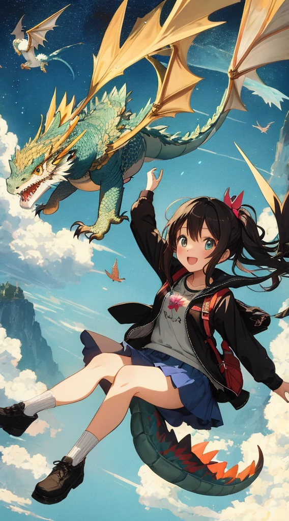 Created an amazing image of a girl who dreams of flying through the sky with her pet dragon.. The images have a colorful and whimsical atmosphere., And the girl and the dragon look very happy and free.. the image has、There are also details that indicate the girl's character and hobbies.., Your headphones and more, her bag, and his sketchbook. The image impressed the judges and readers with its originality and creativity..