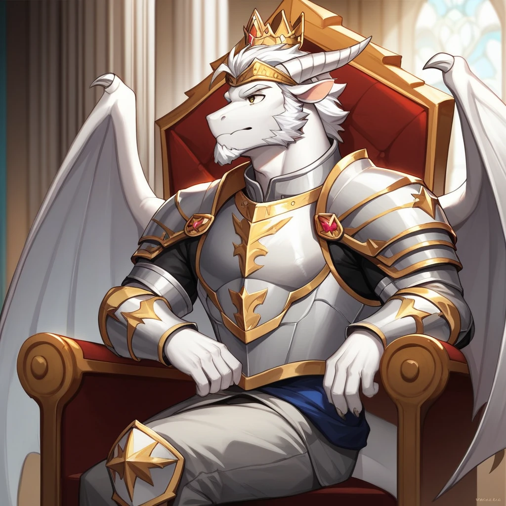 Score_9, score_8_up, score_7_up, source_cartoon, Anthro male, A silver dragon, white dragon with silver highlights on scales, platinum dragon wings, yellow eyes, short white hair, white beard, wearing kings armor, crown on head, sitting on an elegant throne, far away shot