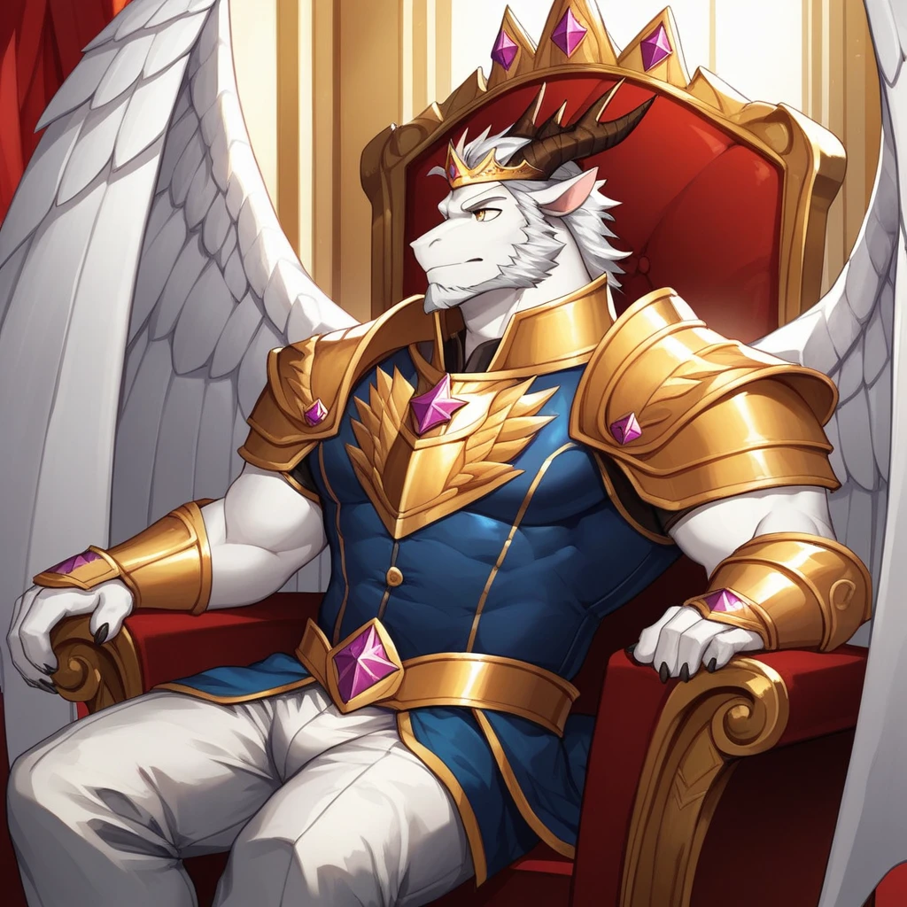 Score_9, score_8_up, score_7_up, source_cartoon, Anthro male, A silver dragon, white dragon with silver highlights on scales, platinum dragon wings, yellow eyes, short white hair, white beard, wearing kings armor, crown on head, sitting on an elegant throne, far away shot
