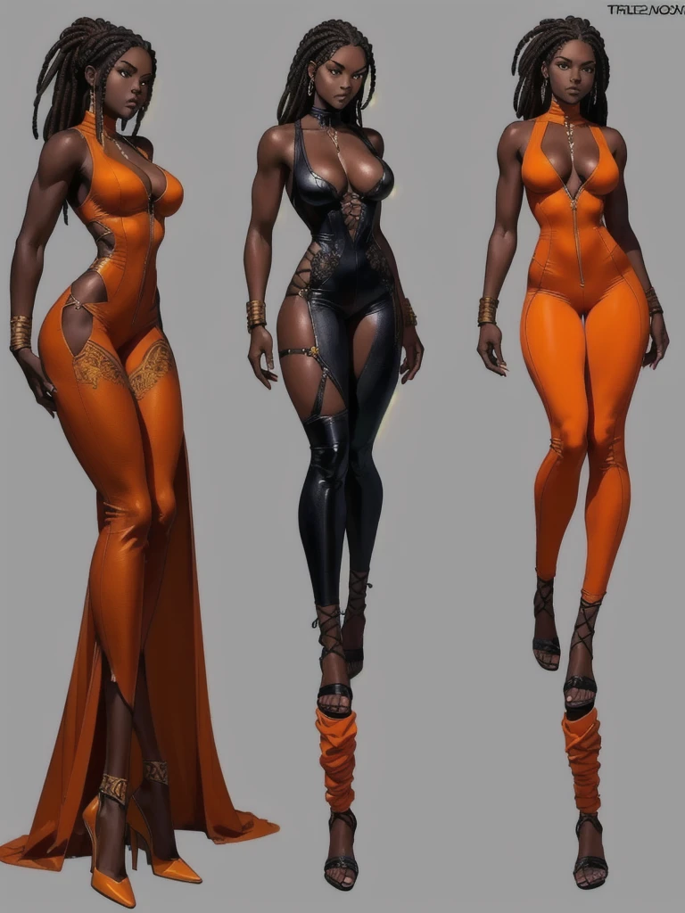 ((best quality)), ((4k)), ((highres)), ((masterpiece:1.2)). ((detailed)), ((ultra realistic)), ((intricate details)), ((full body picture)), ((character design sheet)), a full body picture of a beautifull Ebony skinned female, black woman, dark skin, ebony princess, ebony model, perfect face, detailed eyes, detailed lips, posing with her arms above her head, ((arms above her head)), about 25 years old, about 5'7 ft. tall, long thin dreadlocks down to her hips, ((emphasis on her long thin dreadlocks down to her hips)), pretty, feminine woman, toned body but not too muscular looking, hourglass figure, dressed in a skin-tight sleeveless full body orange jumpsuit, ((emphasis on the skin-tight sleeveless full body orange jumpsuit)), showing cleavage, glamorous, strappy lace up high, fighting game character concept art, tekken character design, the king of fighters character concept, full bofy, full body concept art, full body art