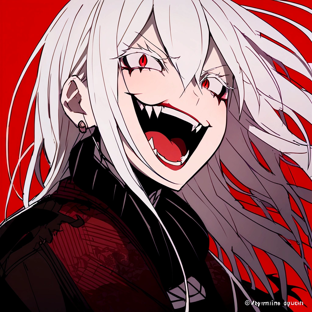 Evil woman, psycho laugh, loca, White hair, thick white eyelashes, fangs, demonic, echidna re:zero, crazy laugh, pure evil, black clothes, red tones, happy expression, beautiful face, fine features,