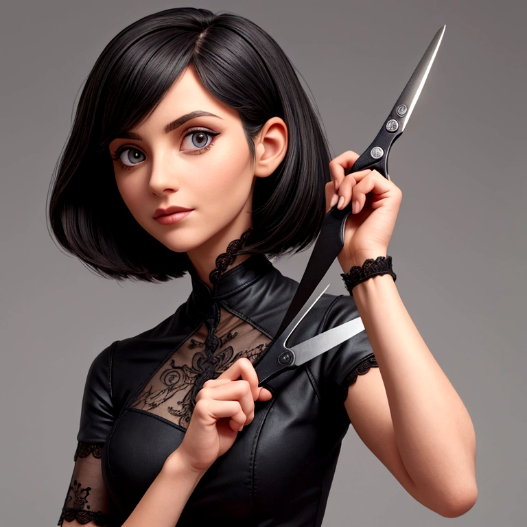 Woman in black holding scissors with her right hand stretched forward