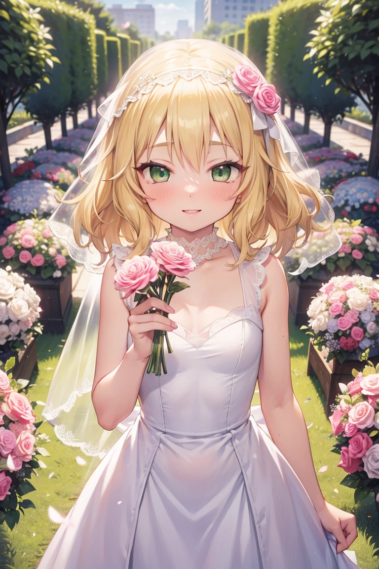 masterpiece,Highest quality, Super detailed,One girl(Sakurai Momoka, Adorable little breasts, Wavy Hair, Blonde, head band, Pink flowers in the hair,Green Eyes), A face in love, Cute smile, Part your lips, nose blush, blush, In-person audience , View your viewers, Tilt your head, alone, White Wedding Dress, Frills, Veil, Grab the bouquet, in the garden, Are standing, Seduce your sexy waist