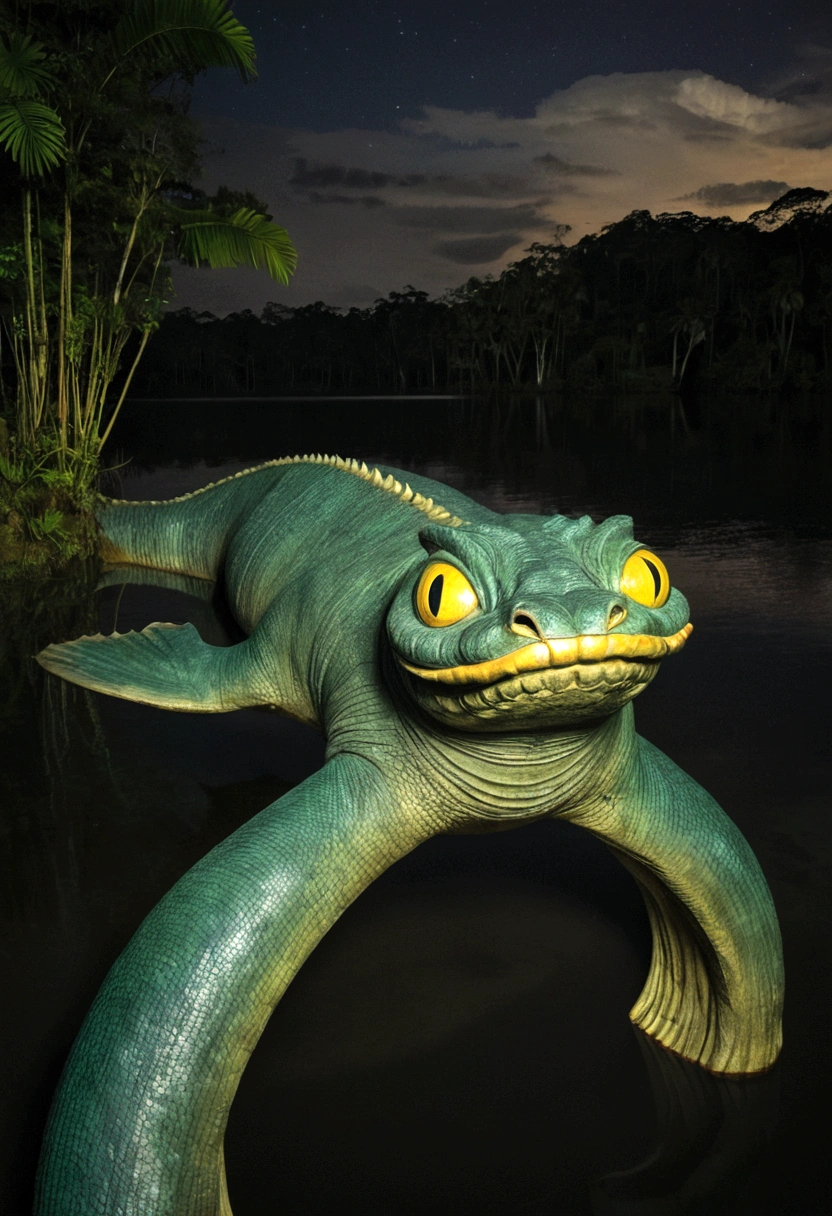 lake monster in Borneo, lake jungle at night