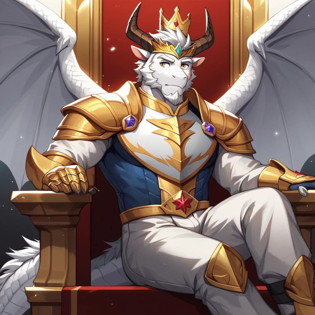 Score_9, score_8_up, score_7_up, source_cartoon, Anthro male, A silver dragon, white dragon with silver highlights on scales, platinum dragon wings, yellow eyes, short white hair, white beard, wearing kings armor, crown on head, sitting on an elegant throne, far away shot