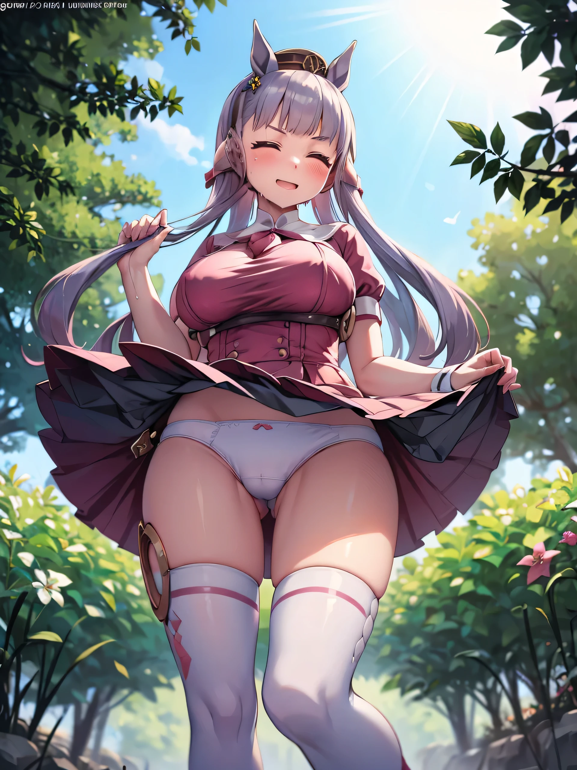 (masterpiece, Highest quality:1.2), alone, One girl, 幼いchildのゴールドシップ, pillbox hat,White Lolita,Gothic Lolita、With ruffles、Puffy short sleeves、dress、Knee-high socks、Horse tail,、grassland、Nature、blush、(Huge breasts:1.4)、Transparent clothes、Clothes are see-through、、ergarteners、、6 yearさな体、From below、Look to the side、Clothes get wet、Nipples are visible、Close your eyes and laugh、smile、Stand up with your legs spread、Flashy underwear、is see-through、Big Ass、Raise one leg、Skirt lift、Dripping a lot of thick white love juice