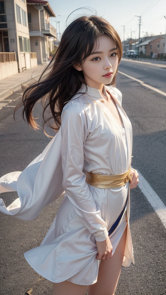 (Feel the wind pose:1.2, Hair blowing in the wind:1.4), (beautiful girl, Baby Face:1.6, Cute face, Idol Face:1.2), (Small and slender figure), (Slender body line), (((Mysterious and divine々Ishi costume:1.3))), (Girl's smooth body:1.2), Delicate beautiful skin, Small beautiful butt, Narrow waist, Thin thighs, (Highest quality, 8k, masterpiece:1.2), ((Frontal portrait:1.3)), ((Medium breast, Beautiful nipples)), ((Girl standing on the prairie)), (Detailed eyes and face:1.3), (Detailed hands:1.2), ((A fantastic atmosphere)), (Perfect Anatomy), Ultra-detailed, (Idol Smile:1.3, blush:1.2), (View the viewer:1.3), Short Hair