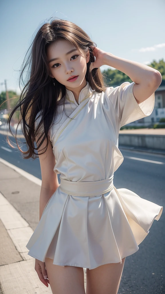 (Feel the wind pose:1.2, Hair blowing in the wind:1.4), (beautiful girl, Baby Face:1.6, Cute face, Idol Face:1.2), (Small and slender figure), (Slender body line), (((Mysterious and divine々Ishi costume:1.3))), (Girl's smooth body:1.2), Delicate beautiful skin, Small beautiful butt, Narrow waist, Thin thighs, (Highest quality, 8k, masterpiece:1.2), ((Frontal portrait:1.3)), ((Medium breast, Beautiful nipples)), ((Girl standing on the prairie)), (Detailed eyes and face:1.3), (Detailed hands:1.2), ((A fantastic atmosphere)), (Perfect Anatomy), Ultra-detailed, (Idol Smile:1.3, blush:1.2), (View the viewer:1.3), Short Hair