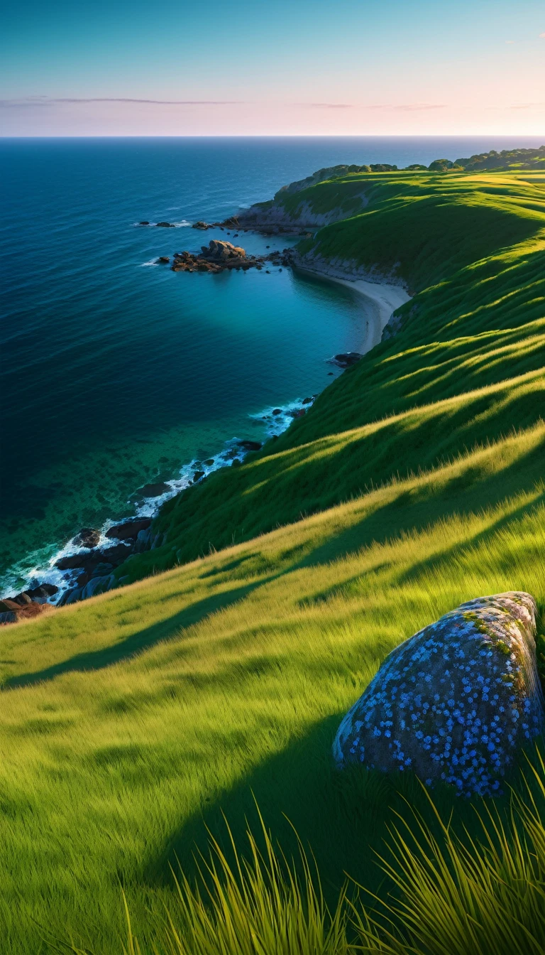 High quality, 8K Ultra HD. The image shows a sitting anime boy looking at the ocean at sunrise from a grassy hill, Discover the ethereal curves of Sillon de Talbert in Brittany, a unique geographical wonder where a slender strip of land winds gracefully towards the vast sea. This striking natural formation is surrounded by the serene blues of the ocean, which contrast with the lush greens of spring vegetation. Visiting Sillon de Talbert offers a breathtaking experience of walking through nature's works of art, where panoramic aerial views and calm sea breezes combine to create a peaceful escape into the picturesque Brittany landscape with a backdrop of sky. vibrant blue and red and orange tones of the sun. anime art wallpaper 4k, anime art wallpaper 4K, anime background, anime art wallpaper 8K, anime art background, anime landscape wallpaper, amazing wallpaper, high quality wallpaper definition,4k animated wallpaper,4k animated wallpaper,Aries Moross art,Bob Byerley art,AshleyWoodArtAI,greg rutkowski