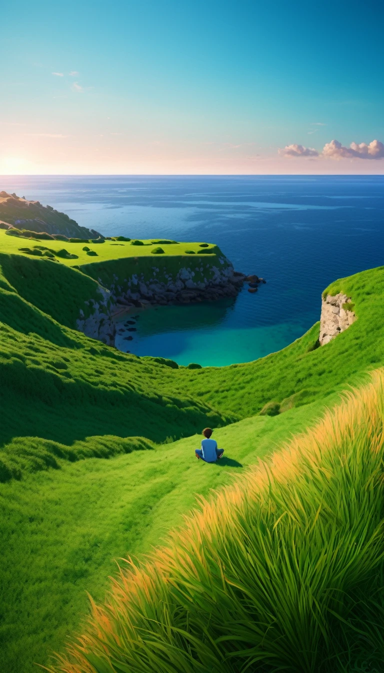 High quality, 8K Ultra HD. The image shows a sitting anime boy looking at the ocean at sunrise from a grassy hill, Discover the ethereal curves of Sillon de Talbert in Brittany, a unique geographical wonder where a slender strip of land winds gracefully towards the vast sea. This striking natural formation is surrounded by the serene blues of the ocean, which contrast with the lush greens of spring vegetation. Visiting Sillon de Talbert offers a breathtaking experience of walking through nature's works of art, where panoramic aerial views and calm sea breezes combine to create a peaceful escape into the picturesque Brittany landscape with a backdrop of sky. vibrant blue and red and orange tones of the sun. anime art wallpaper 4k, anime art wallpaper 4K, anime background, anime art wallpaper 8K, anime art background, anime landscape wallpaper, amazing wallpaper, high quality wallpaper definition,4k animated wallpaper,4k animated wallpaper,Aries Moross art,Bob Byerley art,AshleyWoodArtAI,greg rutkowski
