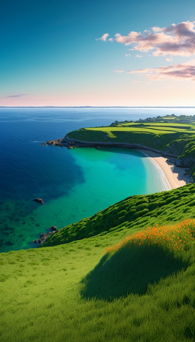 High quality, 8K Ultra HD. The image shows a sitting anime boy looking at the ocean at sunrise from a grassy hill, Discover the ethereal curves of Sillon de Talbert in Brittany, a unique geographical wonder where a slender strip of land winds gracefully towards the vast sea. This striking natural formation is surrounded by the serene blues of the ocean, which contrast with the lush greens of spring vegetation. Visiting Sillon de Talbert offers a breathtaking experience of walking through nature's works of art, where panoramic aerial views and calm sea breezes combine to create a peaceful escape into the picturesque Brittany landscape with a backdrop of sky. vibrant blue and red and orange tones of the sun. anime art wallpaper 4k, anime art wallpaper 4K, anime background, anime art wallpaper 8K, anime art background, anime landscape wallpaper, amazing wallpaper, high quality wallpaper definition,4k animated wallpaper,4k animated wallpaper,Aries Moross art,Bob Byerley art,AshleyWoodArtAI,greg rutkowski