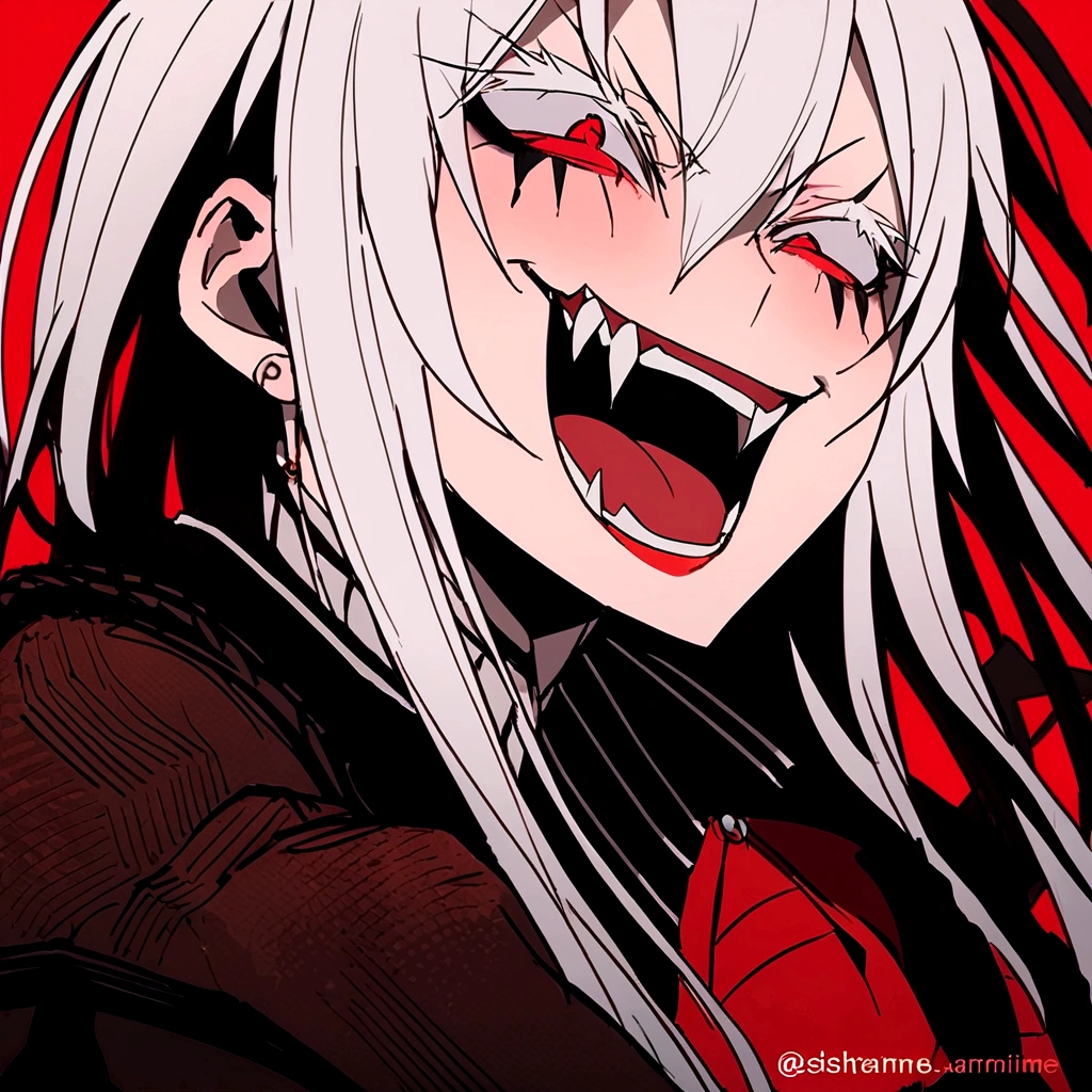 Evil woman, psycho laugh, loca, White hair, thick white eyelashes, fangs, demonic, echidna re:zero, crazy laugh, pure evil, black clothes, red tones, happy expression, big breasts