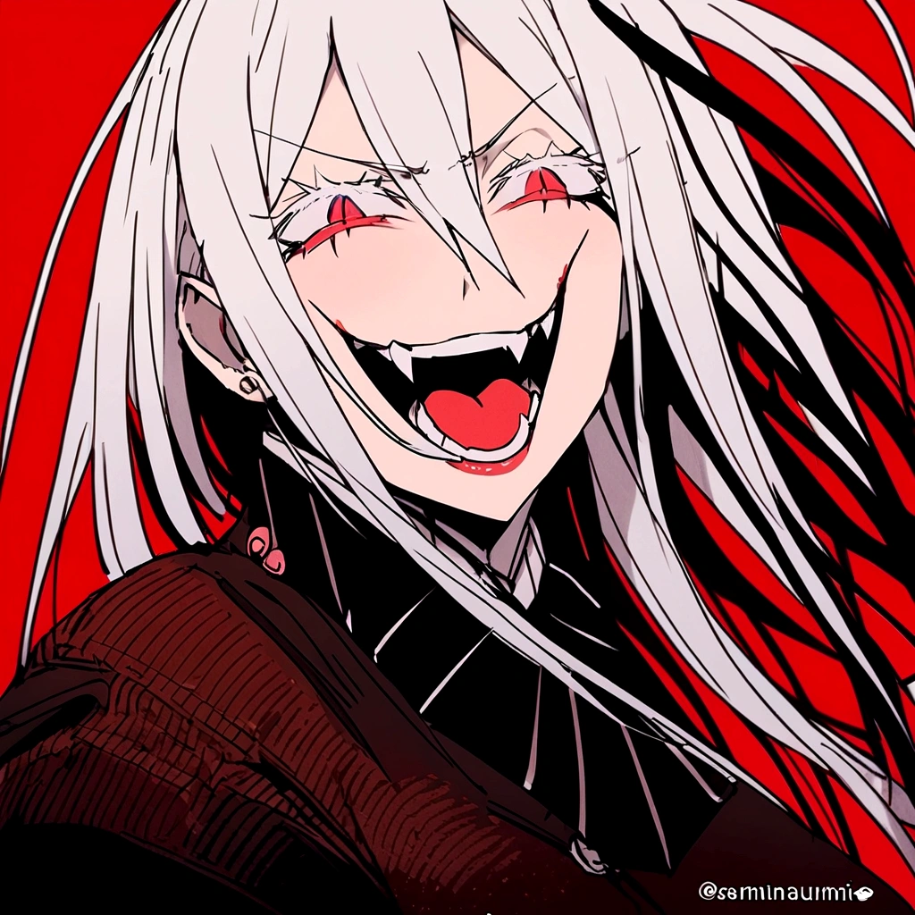 Evil woman, psycho laugh, loca, White hair, thick white eyelashes, fangs, demonic, echidna re:zero, crazy laugh, pure evil, black clothes, red tones, happy expression, big breasts