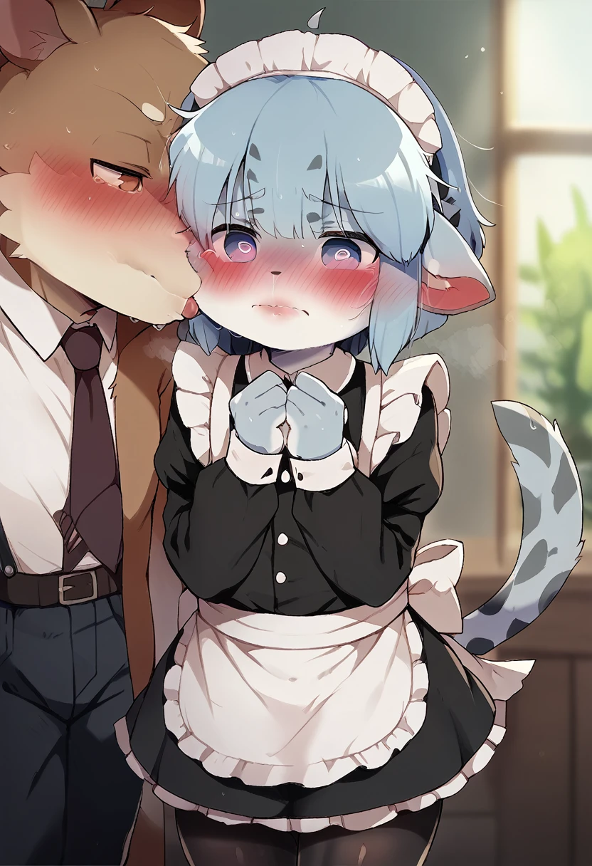 One Girl、Maid clothes、Black tights、Blushing、Spread your arms、Embarrassed、Hide your face、Furry、Stick your lips out、Asking for a kiss