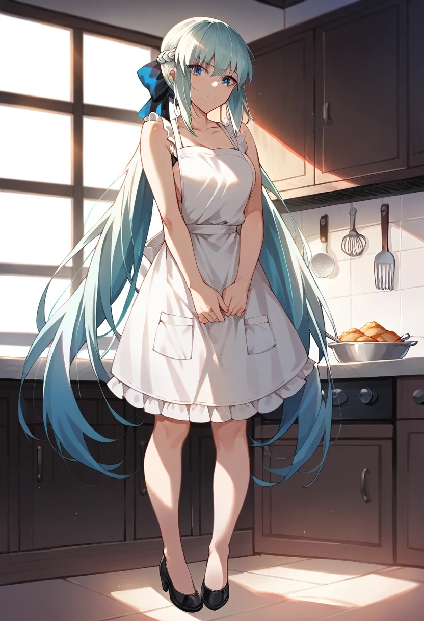 best quality, masterpiece, anime girl , young girl, 24 years old, thick legs , 1girl, tall girl, bangs,long hair, cute face, perfect shot, perfect anatomy, kitchen apron, bare arms, bare legs , white background, full body, solo girl, 4k, high resolution , detailed face, detailed eyes, morgan le fay, fate grand order, standing, illustration, digital art