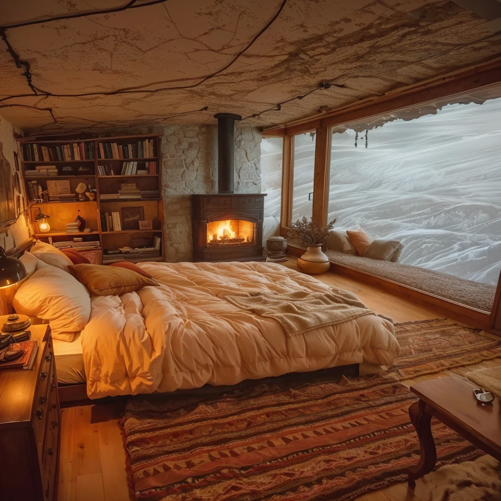 there is a bed with a bookcase and a fireplace in the corner, cozy place, cozy room, cozy envirnment, cozy and calm, cozy envirnment e tranquilo, room full of fire, cozy envirnment, cozy atmospheric, cozy envirnment, cozy bed, cozy vibes, very comfortable, cozy wallpaper, comfortable environment, warm interior, warm atmosphere, cozy aesthetic