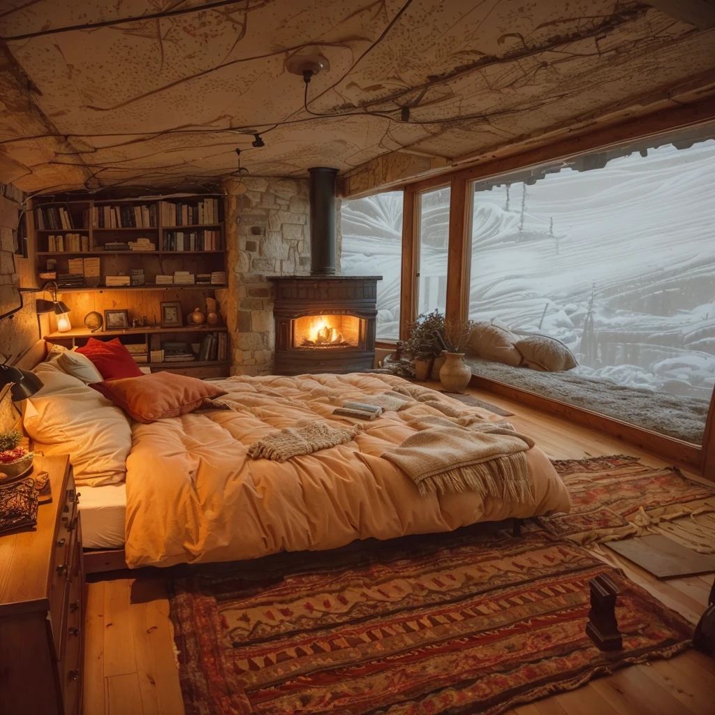 there is a bed with a bookcase and a fireplace in the corner, cozy place, cozy room, cozy envirnment, cozy and calm, cozy envirnment e tranquilo, room full of fire, cozy envirnment, cozy atmospheric, cozy envirnment, cozy bed, cozy vibes, very comfortable, cozy wallpaper, comfortable environment, warm interior, warm atmosphere, cozy aesthetic
