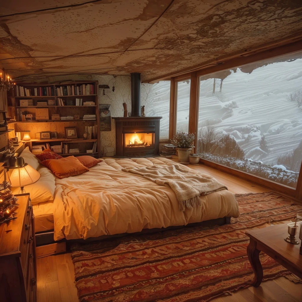 there is a bed with a bookcase and a fireplace in the corner, cozy place, cozy room, cozy envirnment, cozy and calm, cozy envirnment e tranquilo, room full of fire, cozy envirnment, cozy atmospheric, cozy envirnment, cozy bed, cozy vibes, very comfortable, cozy wallpaper, comfortable environment, warm interior, warm atmosphere, cozy aesthetic