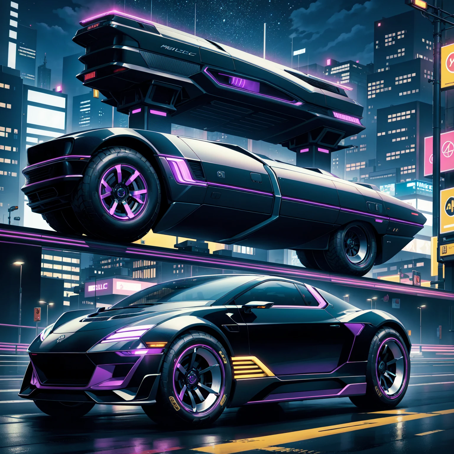 black futusiticc Sprot Car, Metalic Black with purple Stripes, driving through the futuristic City by night